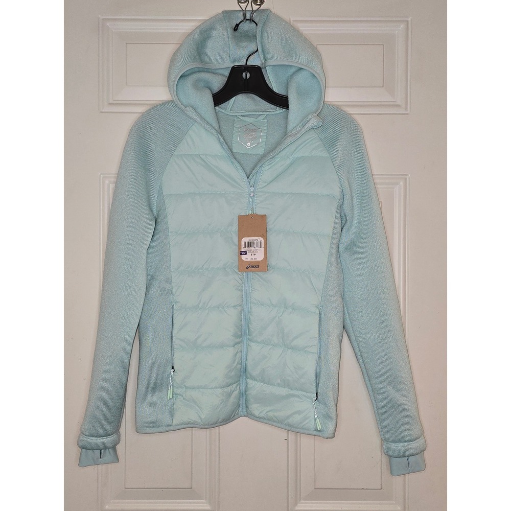 NWT ASICS Mixer Jacket 2.0 Lightweight Puffer Fleece Hooded Aqua‎ Blue Small